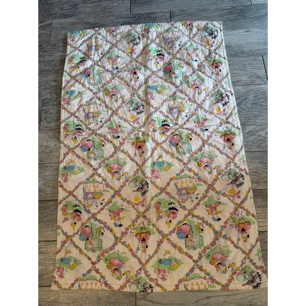 Nursery Rhyme Quilted Baby Blanket Reversible 70s Bo Peep Humpty Dumpty Vintage